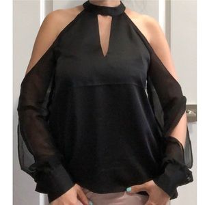 Black Long Sleeve Halter Cold Shoulder Keyhole Blouse - Size: XS